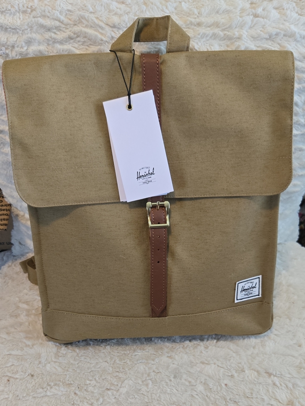 Herschel Supply Company Tan Canvas Backpack with Brown Leather Strap